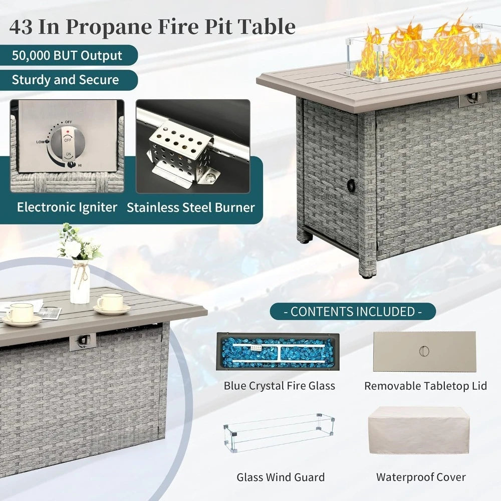 Outdoor Patio Furniture Sets 6 PE Rattan Wicker Sectional Sofa Couch with Fire Pit Table and Grey Cushions