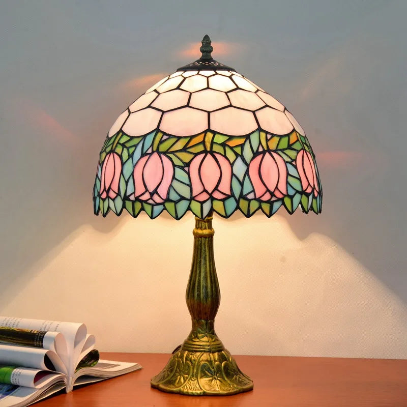 Mosaic Stained Glass Table Lamp Dragonfly Tulips Sunflowers Bedroom Home