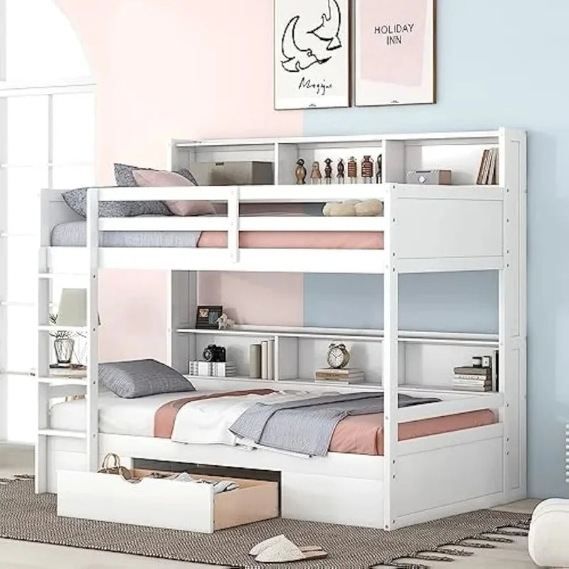 Twin over Twin Bunk Bed with Storage Drawer, Solid Wood Construction, Built-in Shelves on Each Side