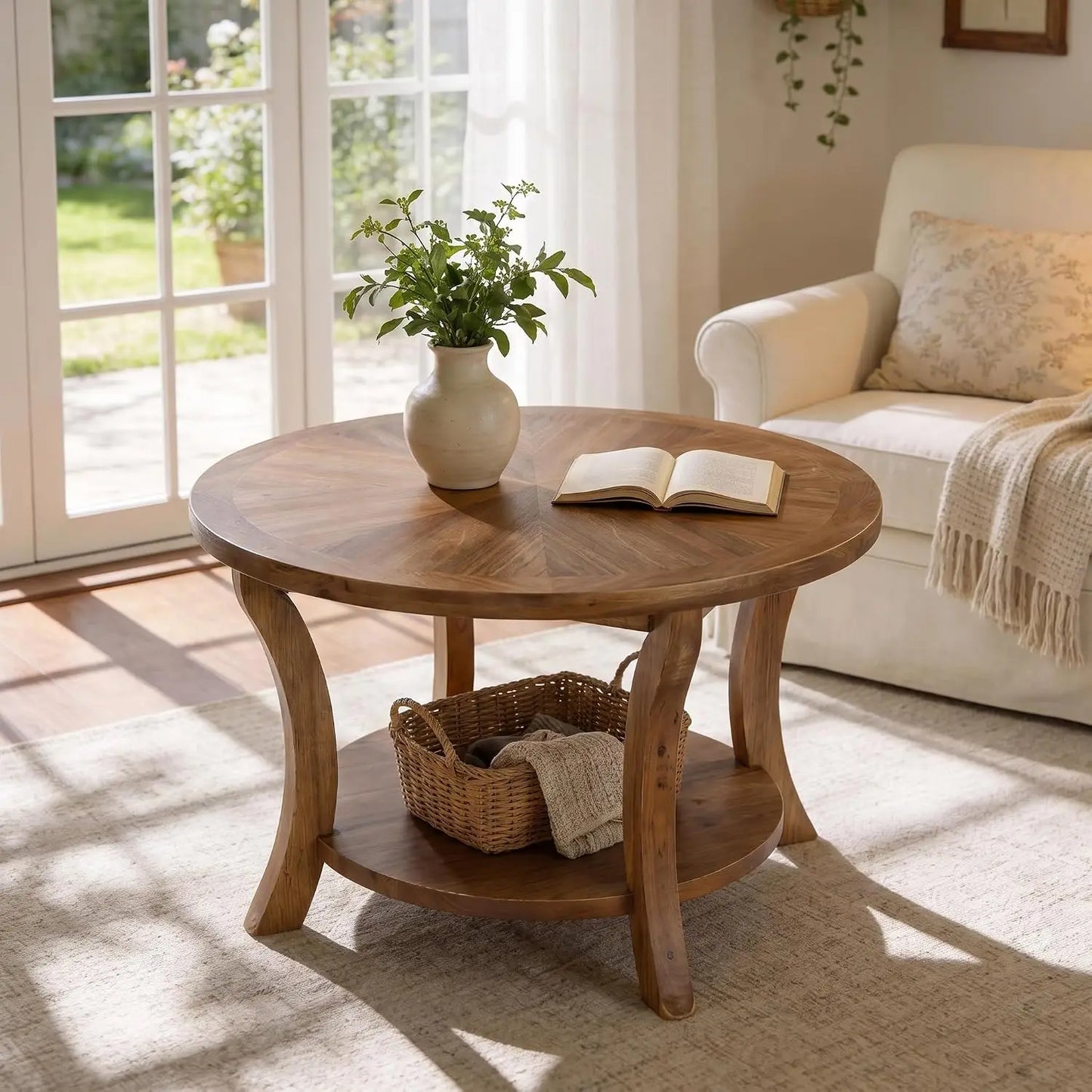 31.5" Round Solid Wood Coffee Table with 2-Tier Storage Shelf, Farmhouse Circle Center Table with Curved Legs for, Customized