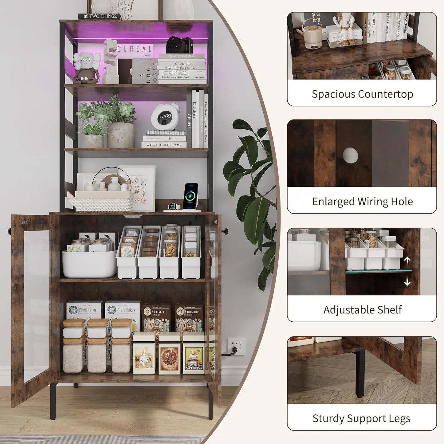 LED Kitchen Pantry Cabinet With Power Outlet And Glass Doors