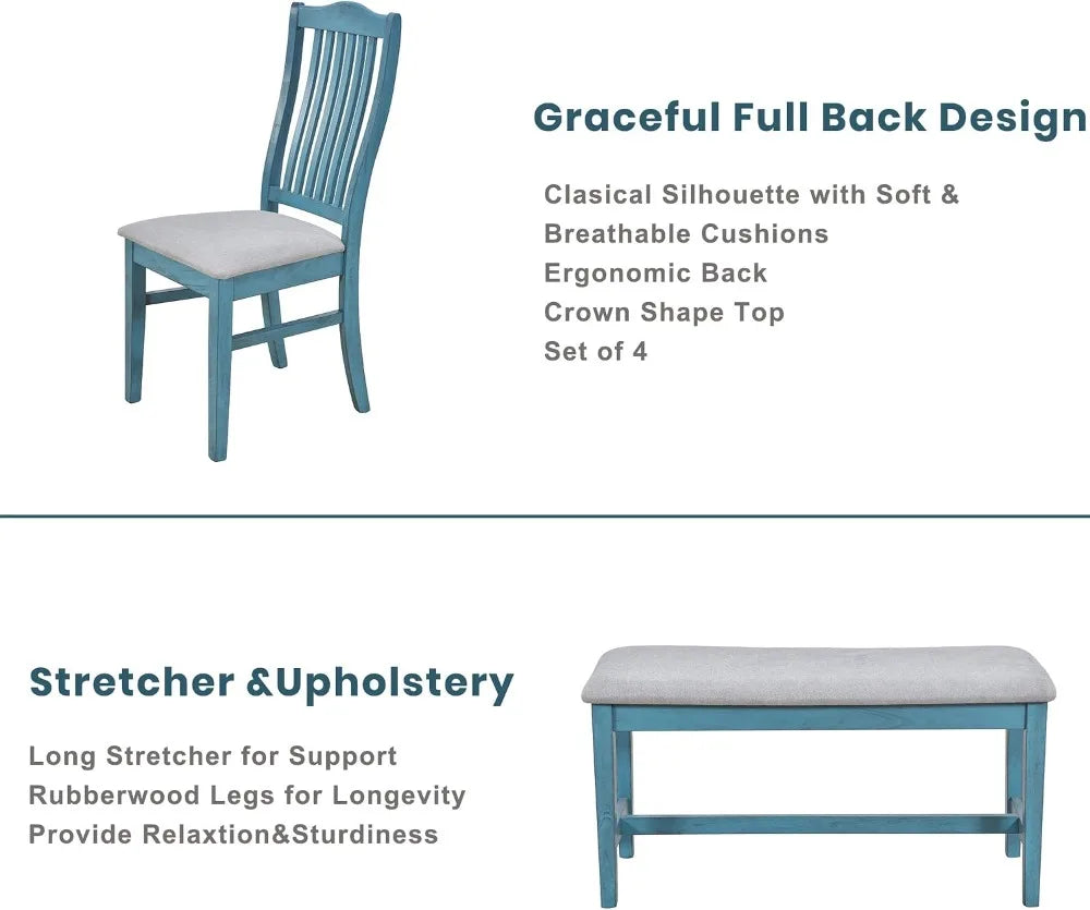 6-Piece Farmhouse Dining Table Set for 6, Solid Wood, Antique Blue