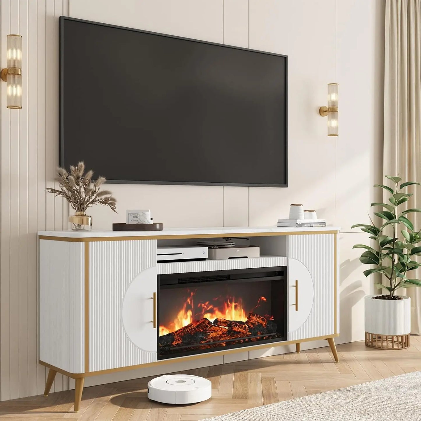 Modern Fluted TV Stand With Electric Fireplace Entertainment Center