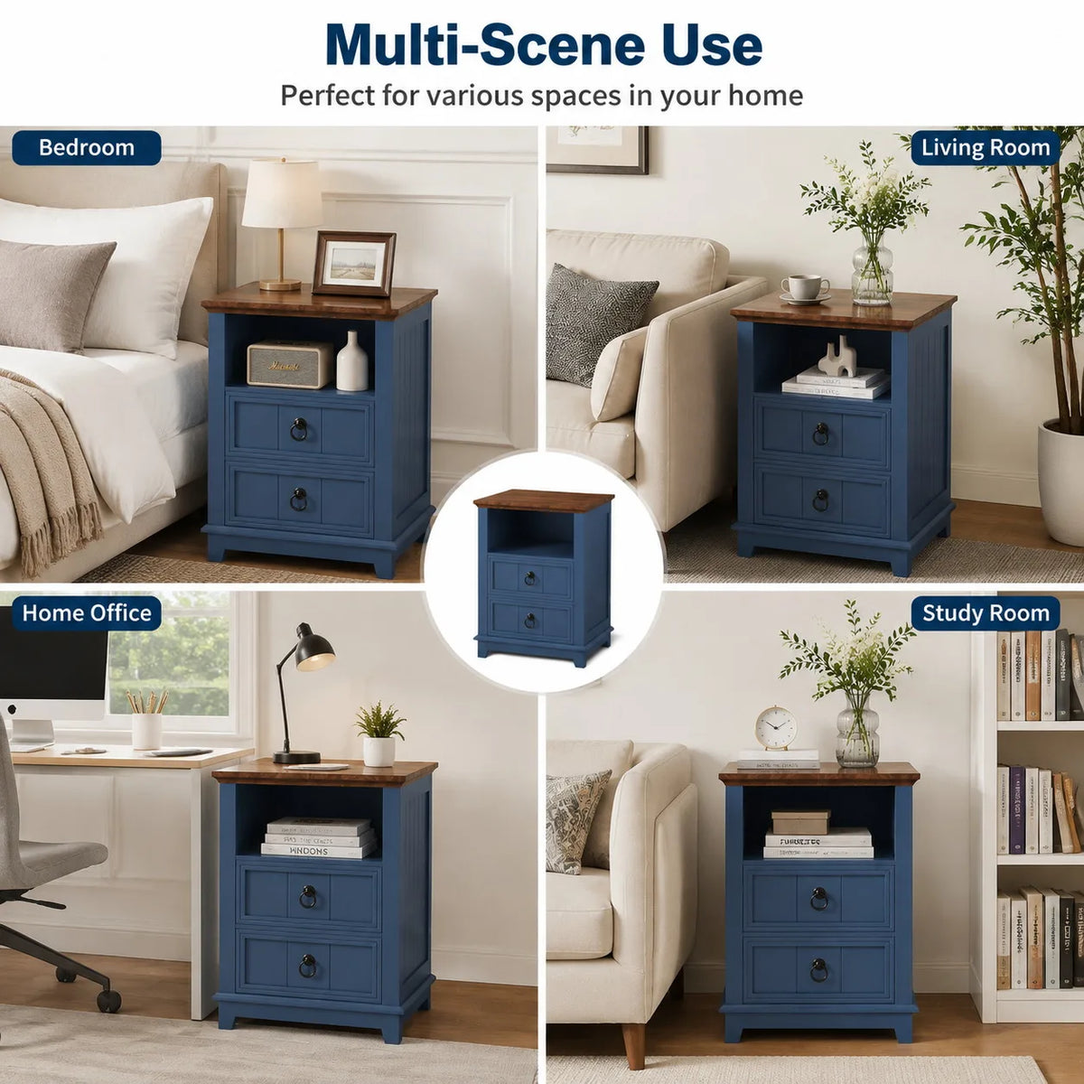 Modern Wood Nightstand With USB Charging Station And Two Drawers