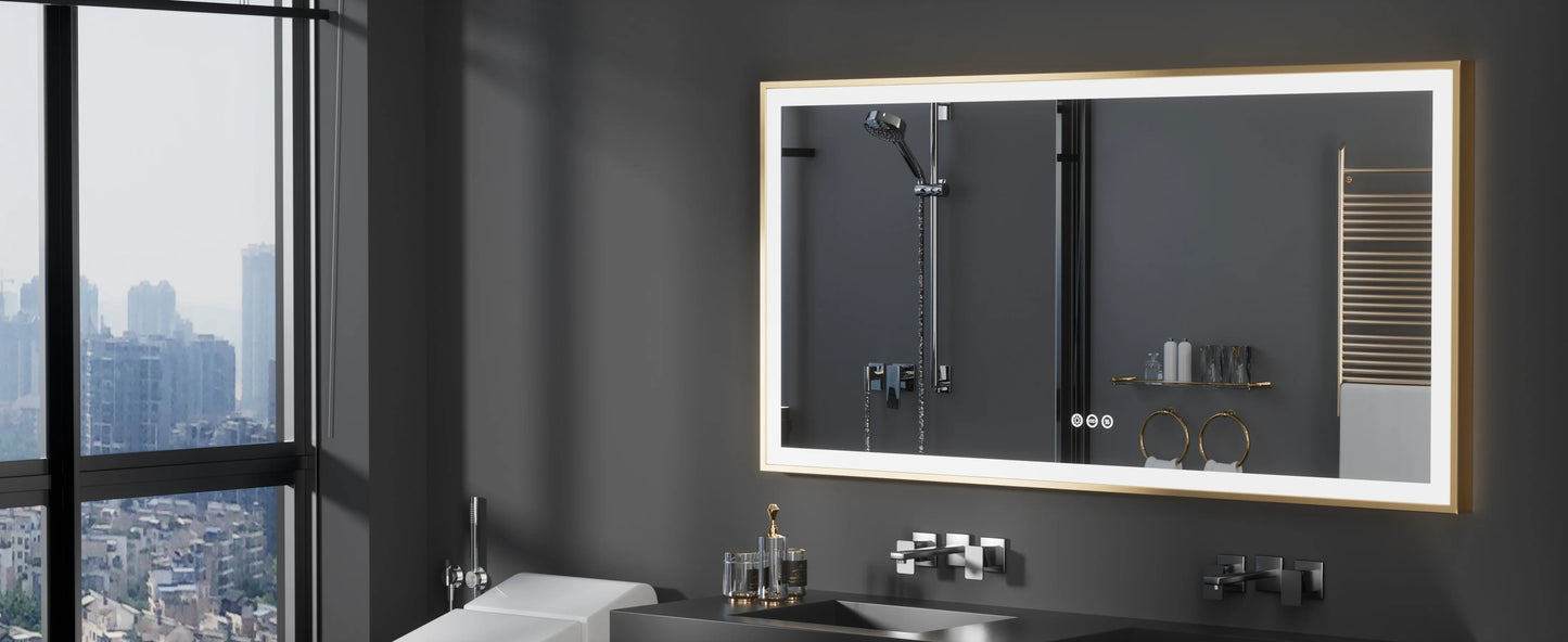 LED Bathroom Vanity Mirror Gold Frame Front Lighted Aluminum Rectangle Beveled Edge Tricolors Stepless Dimmable