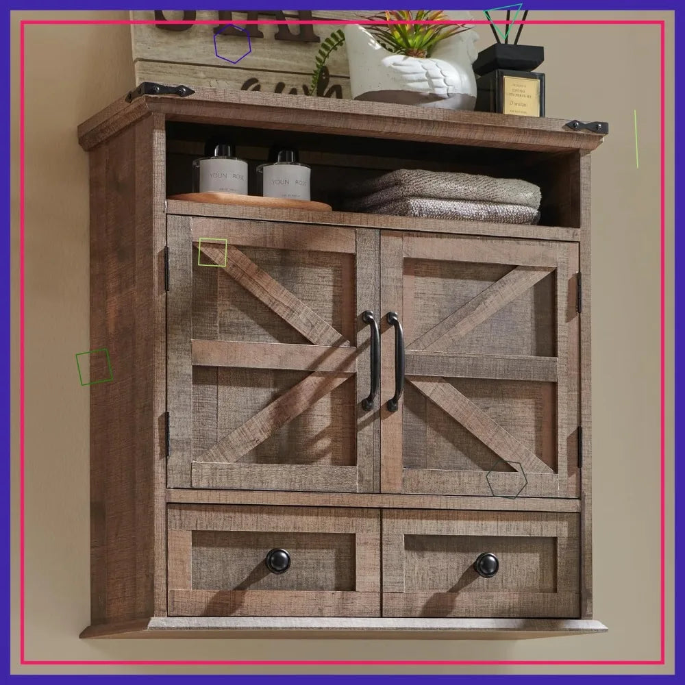 Farmhouse Wall Cabinet With Drawer Adjustable Shelf Double Barn Doors