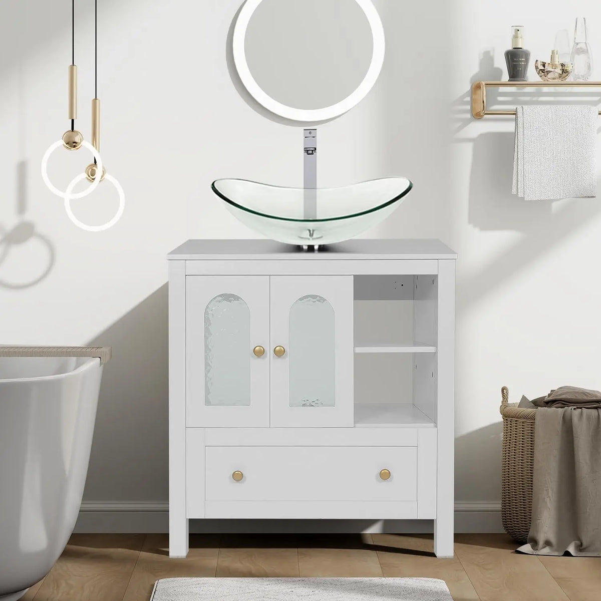 30" Bathroom Vanity with Sink, Freestanding Cabinet, 2 Water Ripple Doors & 1 Drawer, Soft-Close, Silver Glass Boat Sink, White,