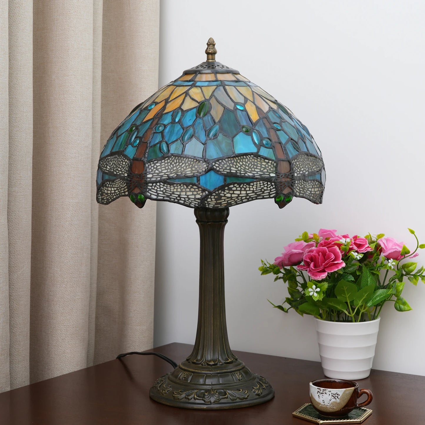 Dragonfly Stained Glass Table Lamp Retro Desk Reading Light Decor