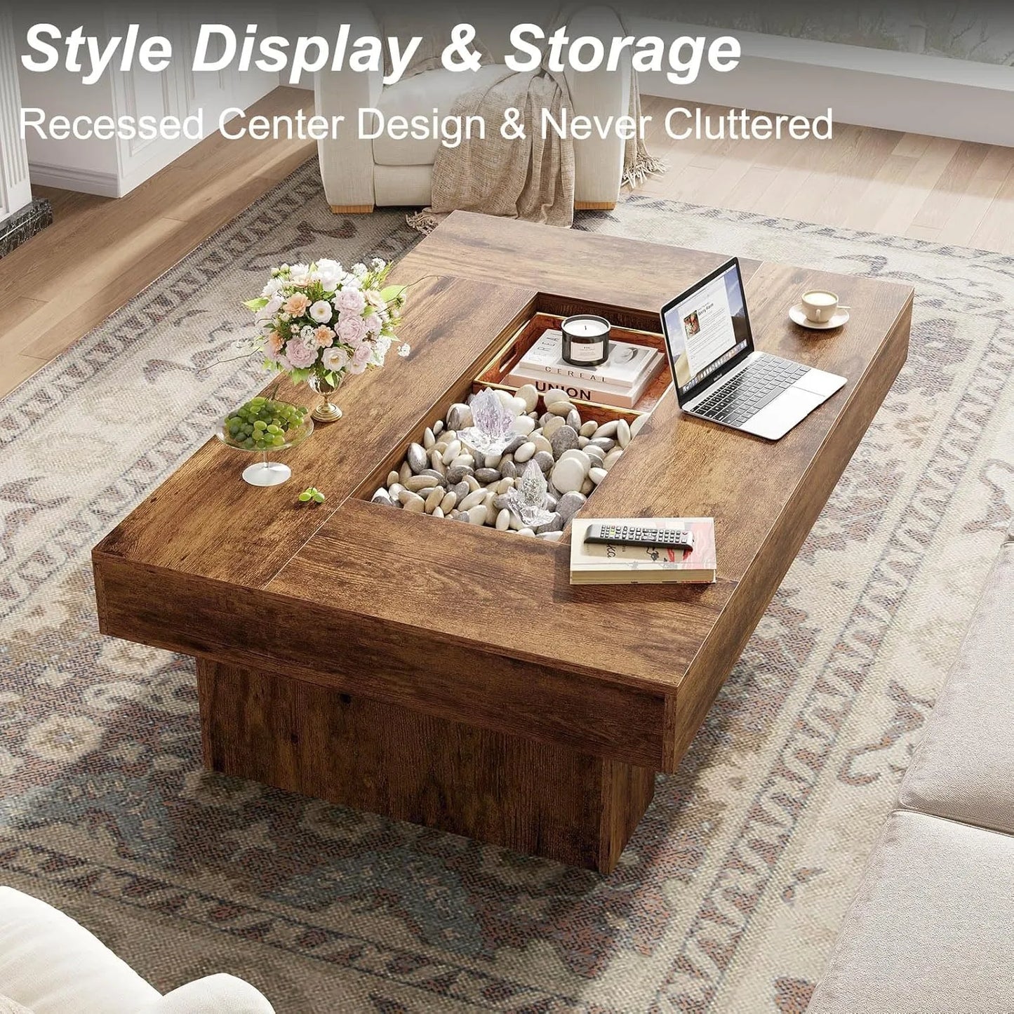 XIUWO Rustic Wood Coffee Table With Storage LED Light
