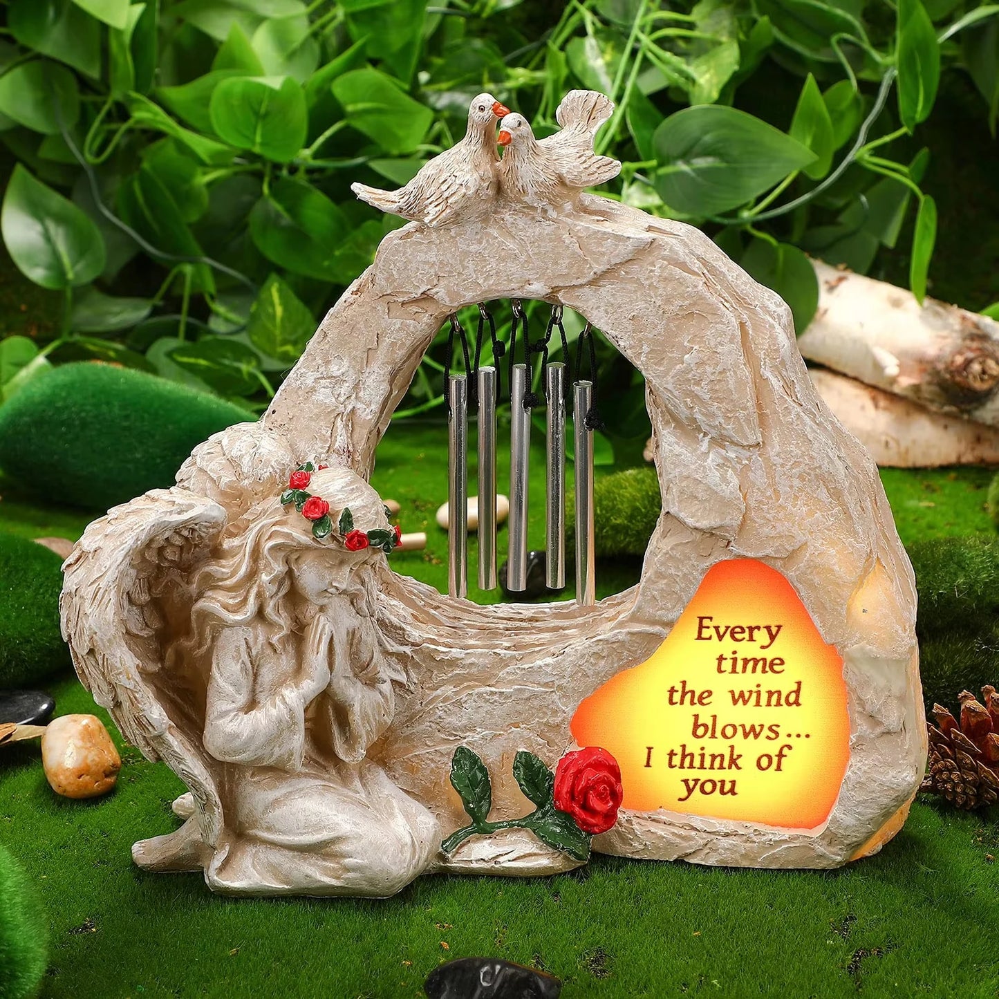 Solar Powered Angel Garden Statue With LED Wind Chimes