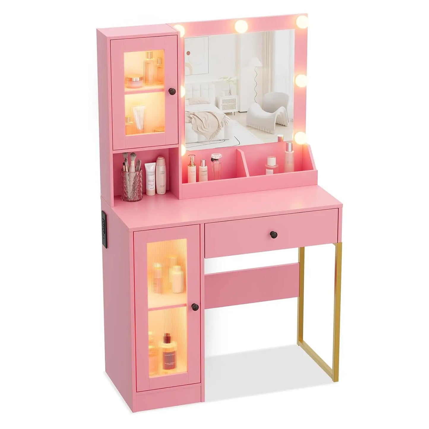 LED Vanity Mirror Desk With USB Charging And Storage Cabinet