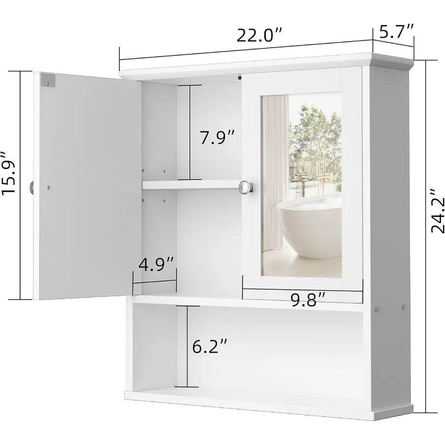 Cabinet With Mirror, Wood Medicine Cabinet With Adjustable Shelf, Wall Mount Cabinet Storage, Cupboard, Whit