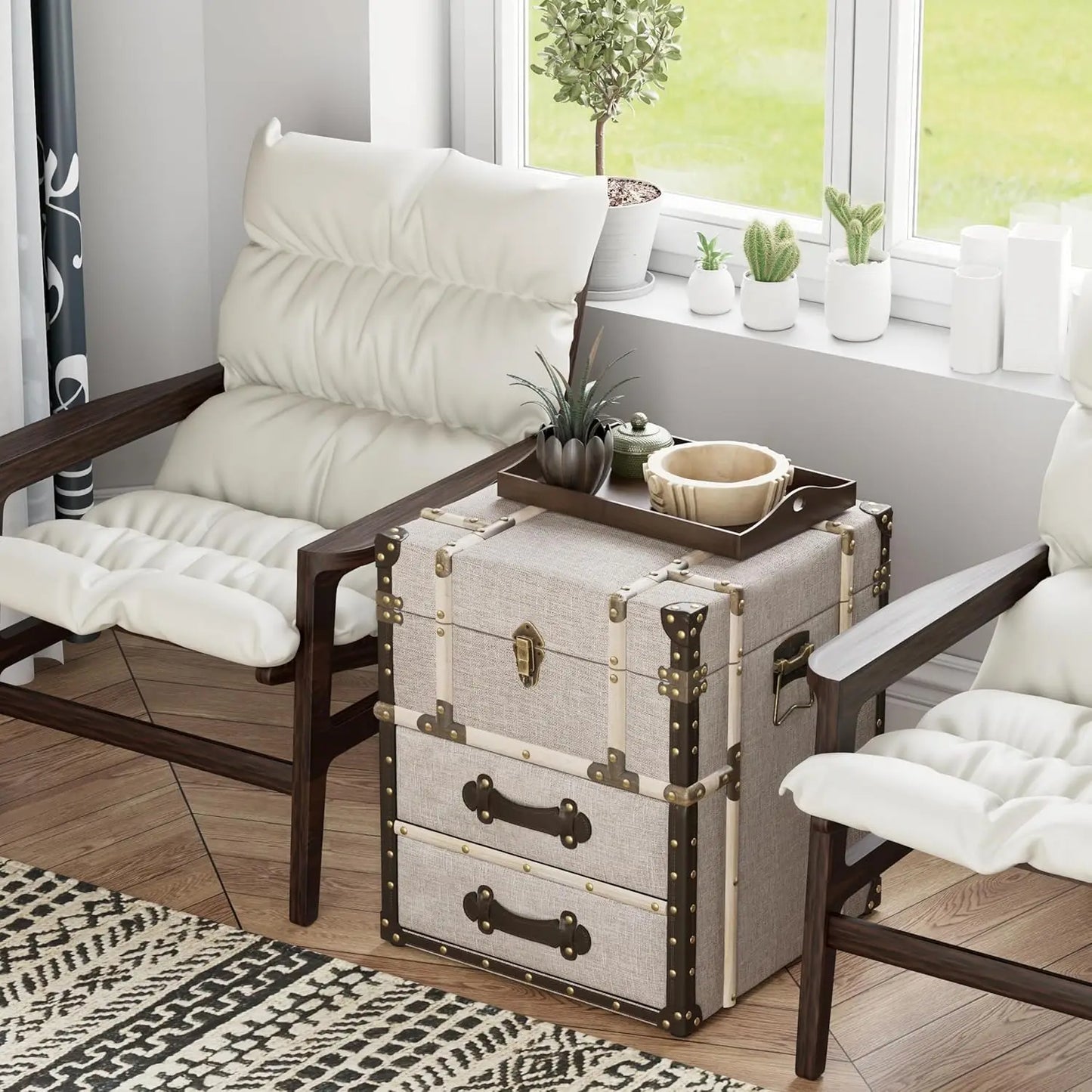 Aoikax Vintage Storage Chest With Buckle Hinged Top End Table