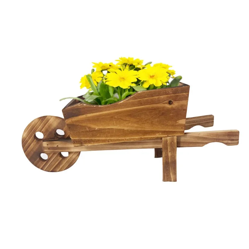 Creative Rectangular Handmade Wooden Wheelbarrow Planter Rustic Style Home Desktop Decor Flower Pot for Indoor Outdoor Plants