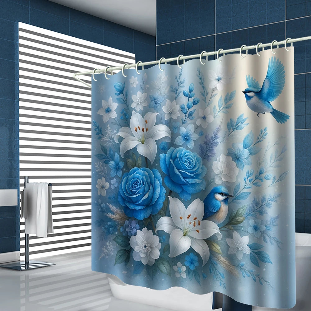Flower Bird Shower Curtain Set With Carpet And Toilet Seat