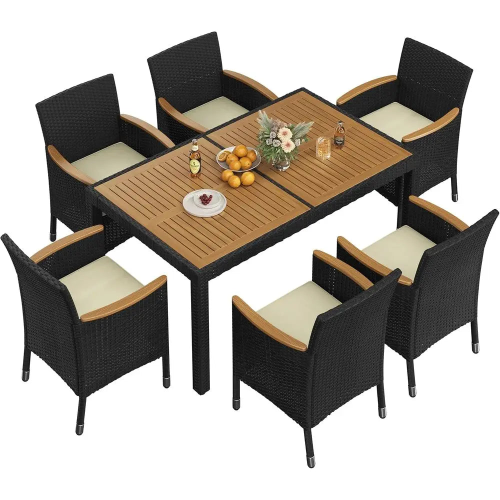 7 Piece Patio urniture Set, Outdoor Dining Acacia Wood Table Top Rattan Contion Set with Sot Cushions, 6 Chairs & 1 Table or Bac