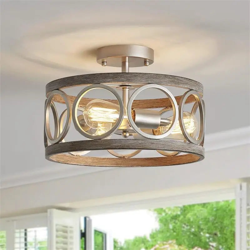 NORMICHY Industrial Circular Chandelier Farmhouse Wood Grain Ceiling Light