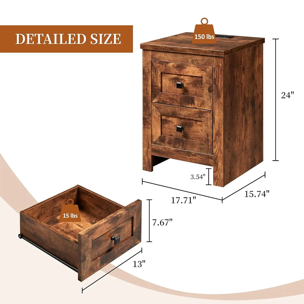 Nightstand Set of 2 with Charging Station & USB Ports, Wood Bedside Table with 2 Drawers for Bedroom, Customized