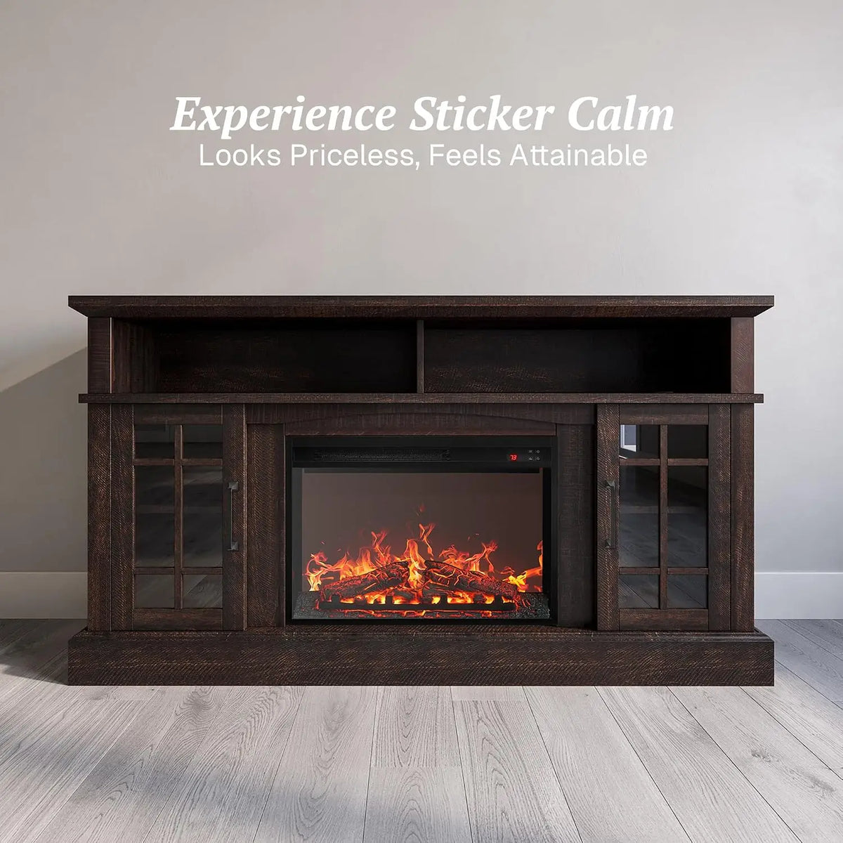 Rustic Entertainment Console With Electric Fireplace Sound And Storage