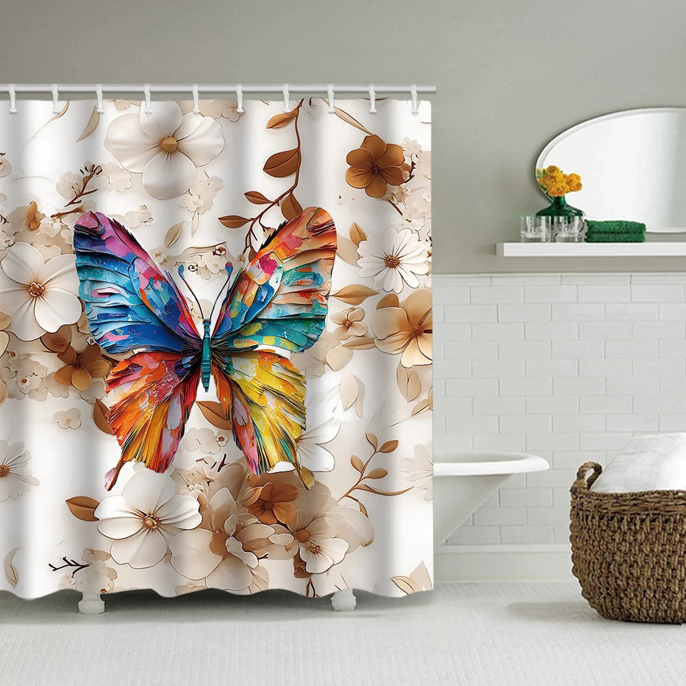 Colorful Butterfly Shower Curtain With Carpet And Toilet Lid