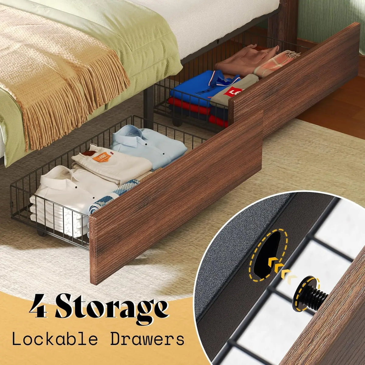 Farmhouse Queen Bed Frame with 4 Drawers, Wooden Platform Barn Door Headboard, Metal Slats, No Box Spring, White & Barnwood, Cus