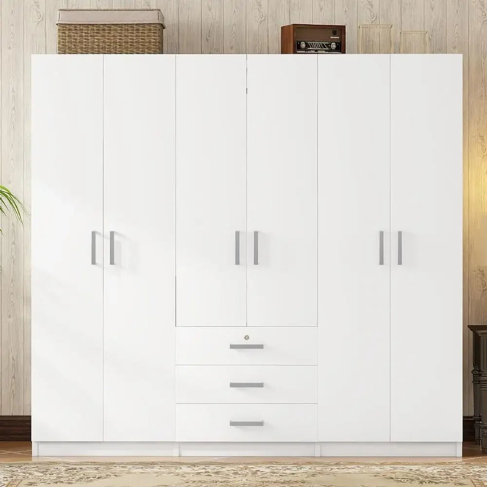 Large White 6 Doors Wooden Wardrobe, Bedroom Tall Armoire Closet Organizer with Big Drawers, Hanging Rails and Shelves, Clothes