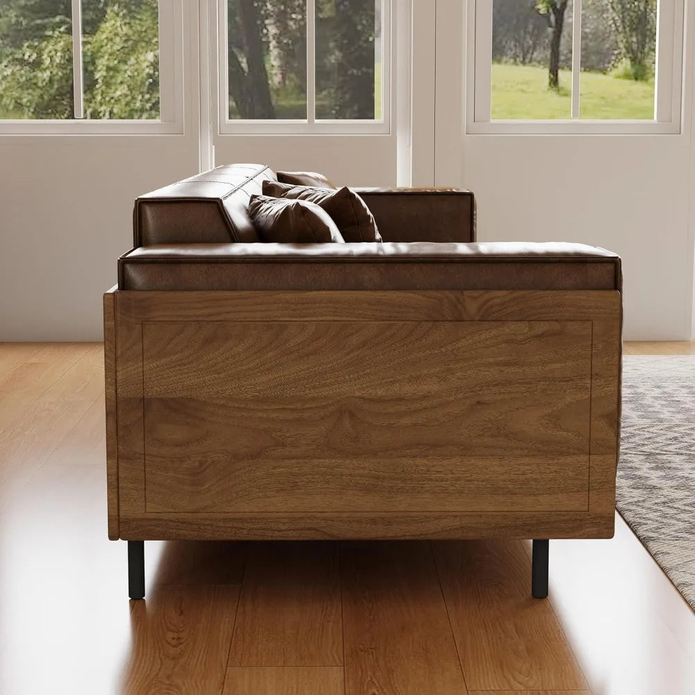 Mid Century Leather Sofa With Wooden Sides And Back