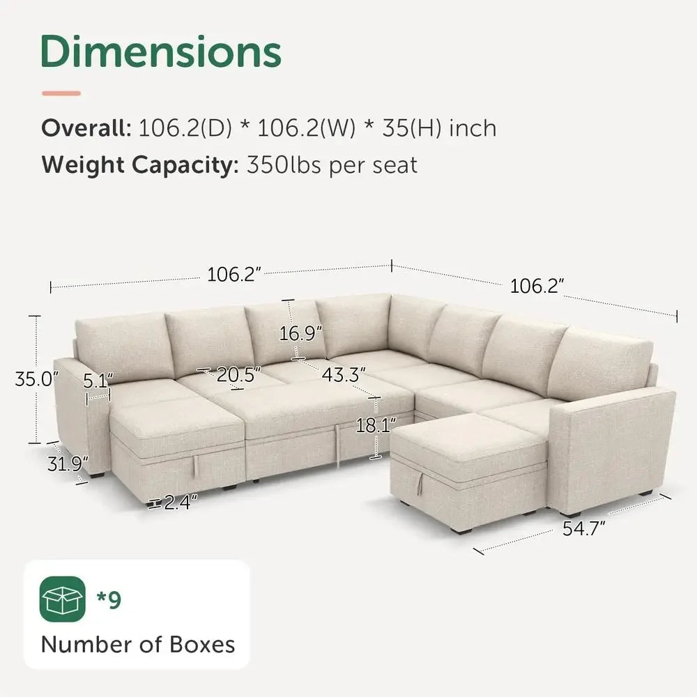 Beige Oversized Sleeper Sofa with Pull-Out Couch and Storage Sectional