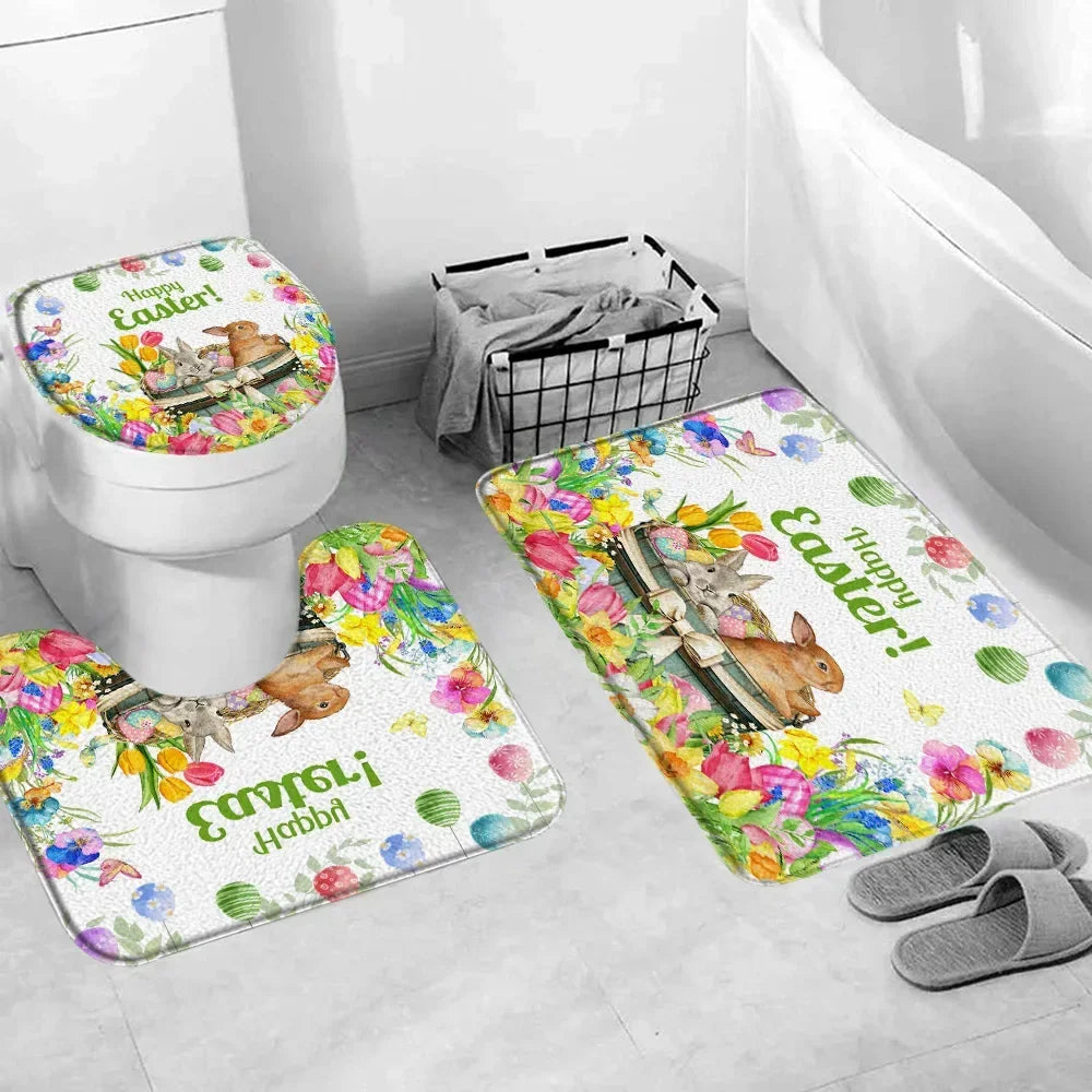 Happy Easter Bath Rug Set With Bunny Truck Eggs Decor