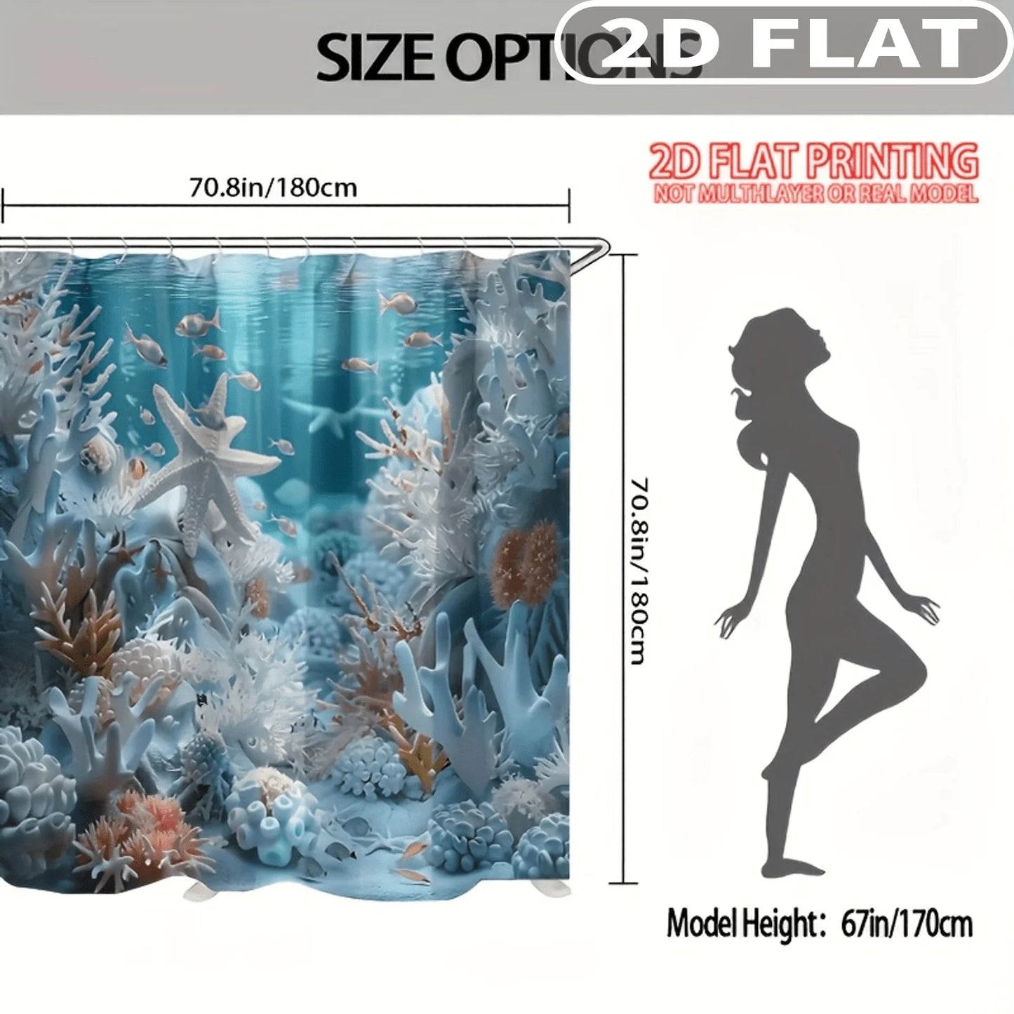 1pc/ 4pcs 2D FLAT Underwater Coral Reef Scene Pattern Shower Curtain Set, with Bath Mat, U-shaped Mat, Toilet Lid Cover