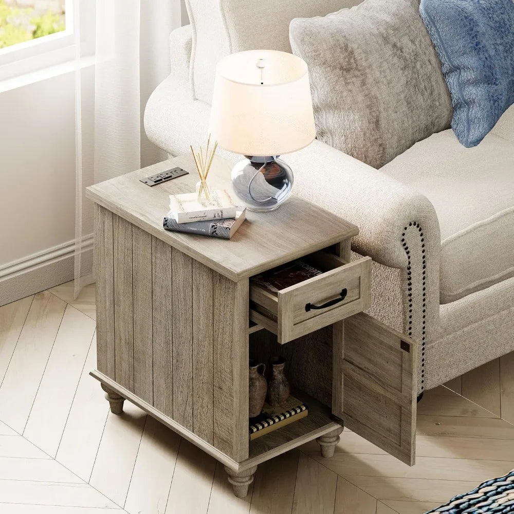 End Table with Charging Station, Grey Side Table with Storage Cabinet & Drawer, Wooden Nightstand with Power Outlets & USB Ports