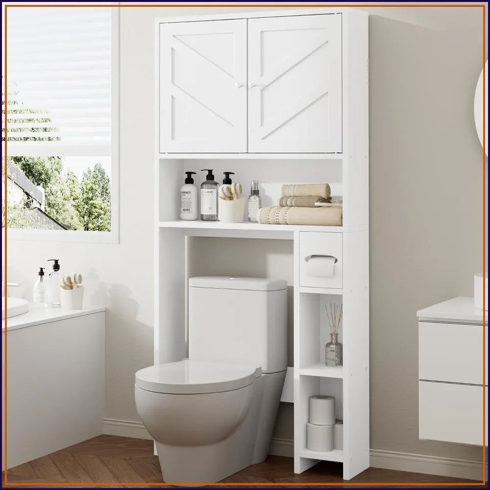 Bathroom Storage Cabinet Over Toilet with Toilet Paper Holder, Freestanding Organizer Space Saver, White