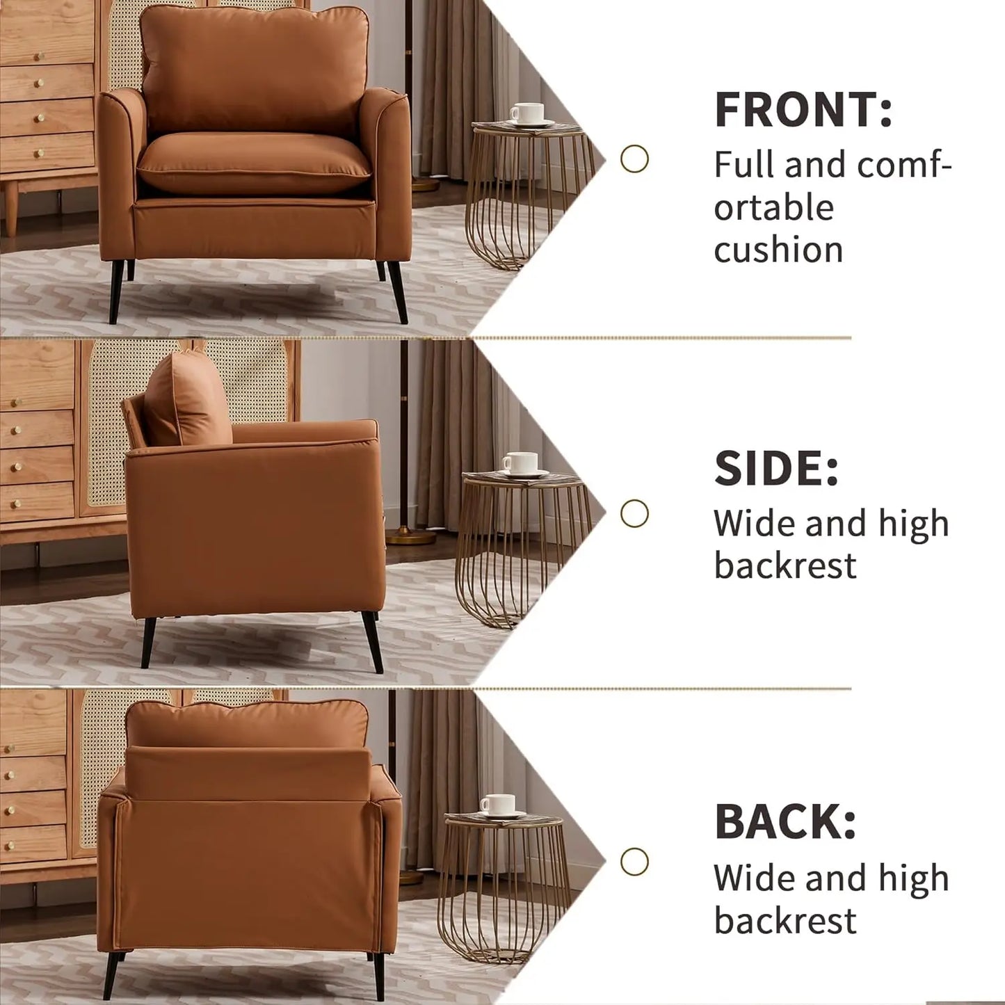 Mid-Century Faux Leather Accent Chair Set 2 w/ Removable Cushion & Metal Legs for Office Lounge Bedroom, Customized