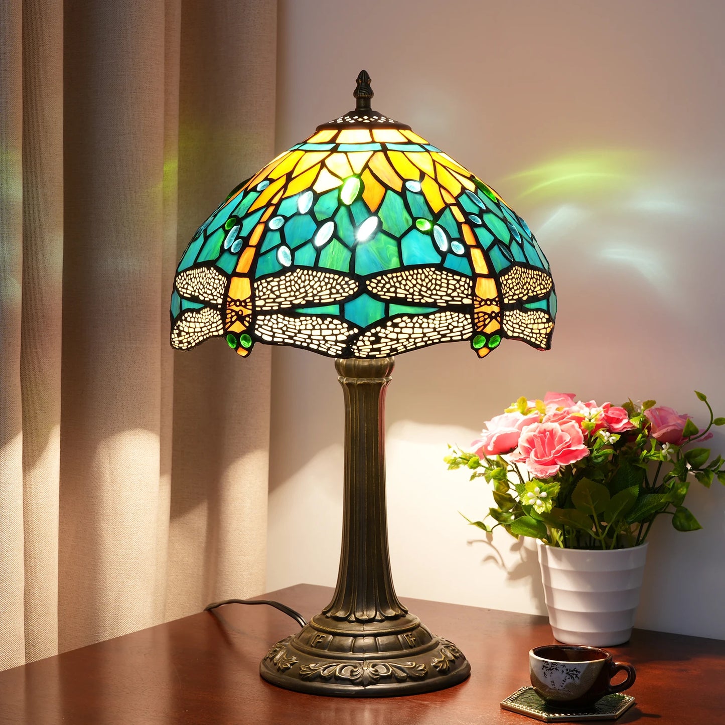 Dragonfly Stained Glass Table Lamp Retro Desk Reading Light Decor