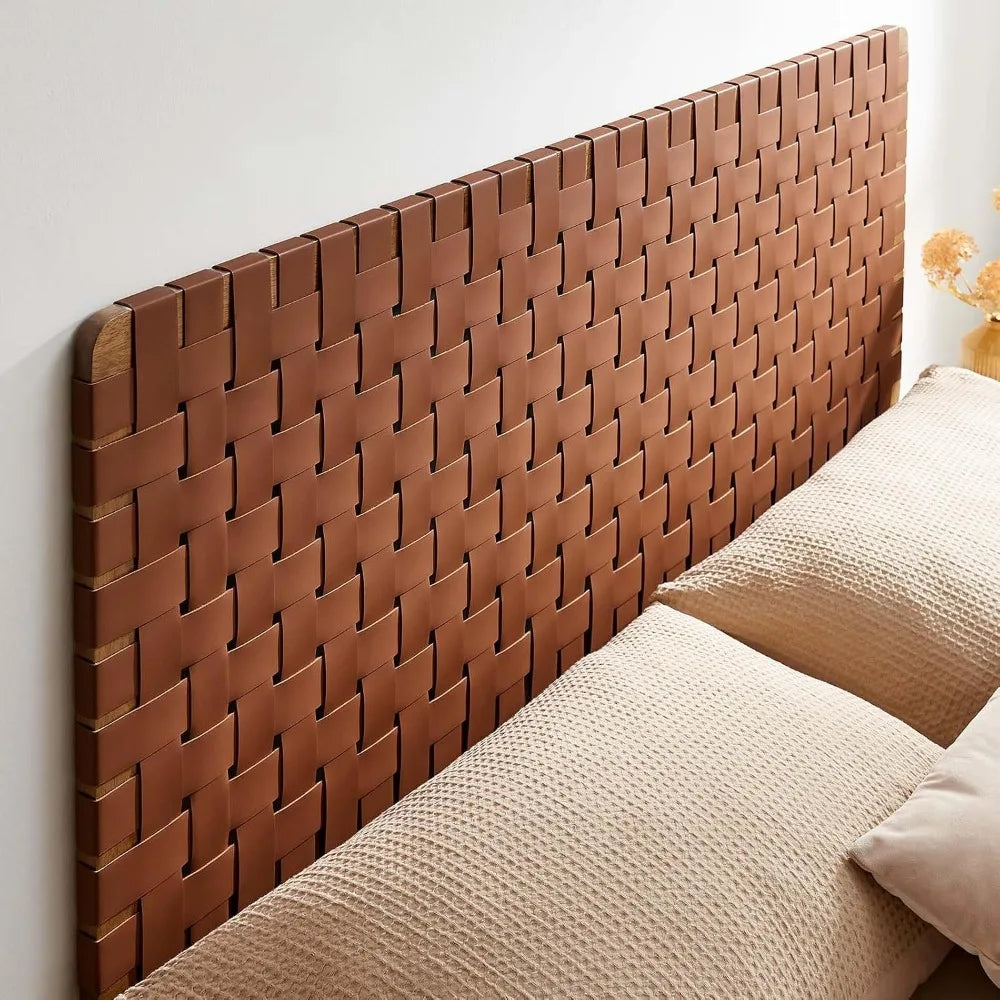 Faux Leather Queen Headboard with Woven Texture, Wall Mount Design for Bedroom