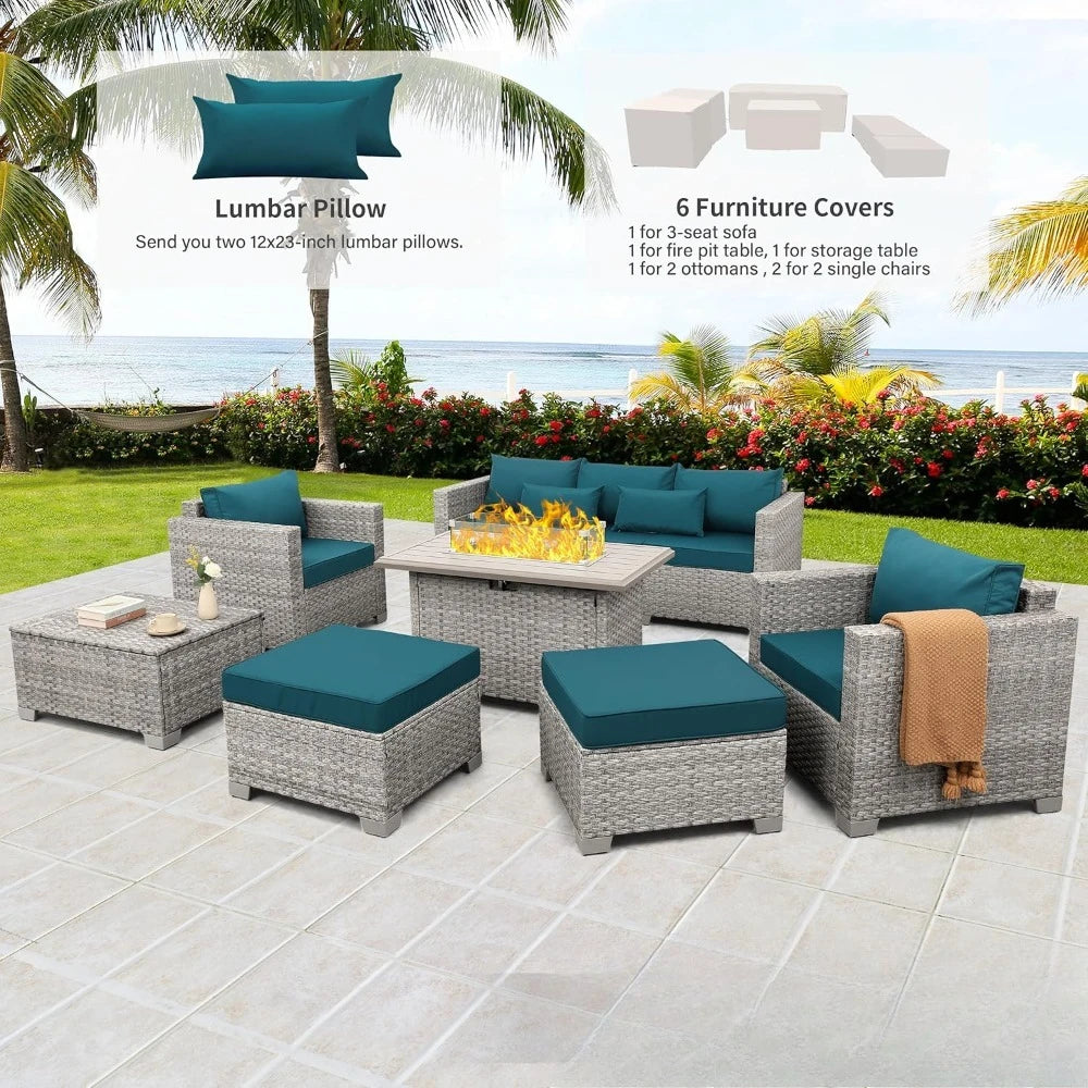 Outdoor Patio Furniture Sets 6 PE Rattan Wicker Sectional Sofa Couch with Fire Pit Table and Grey Cushions