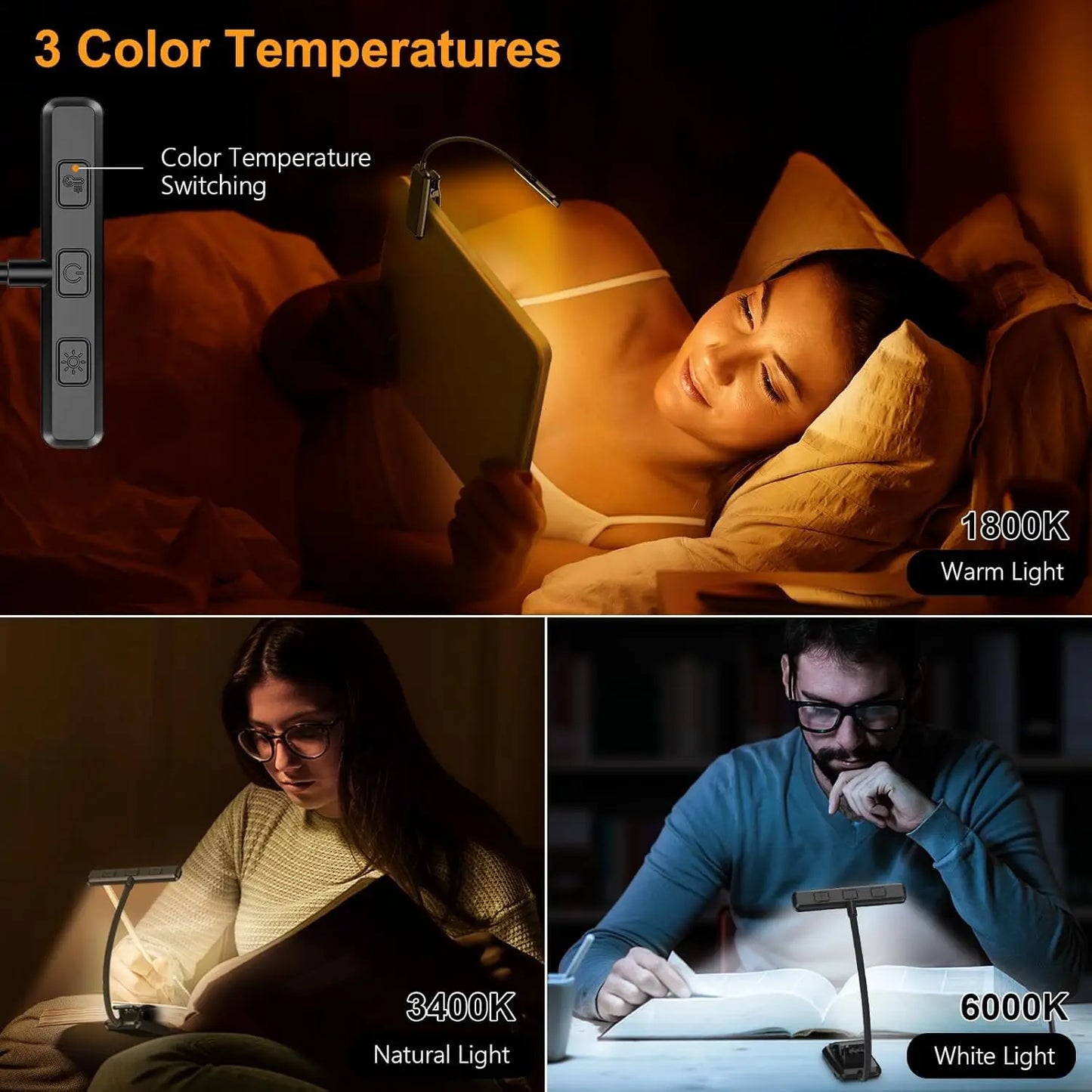 19 LED Rechargeable Book Light for Reading in Bed, 3 Color Temperatures, Stepless Dimming, 90 Hrs Runtime, Eye-Caring Clip-On Light