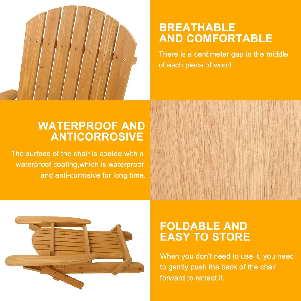 Two Adirondack Wood Foldable Lounge Chairs for Outdoor Patio