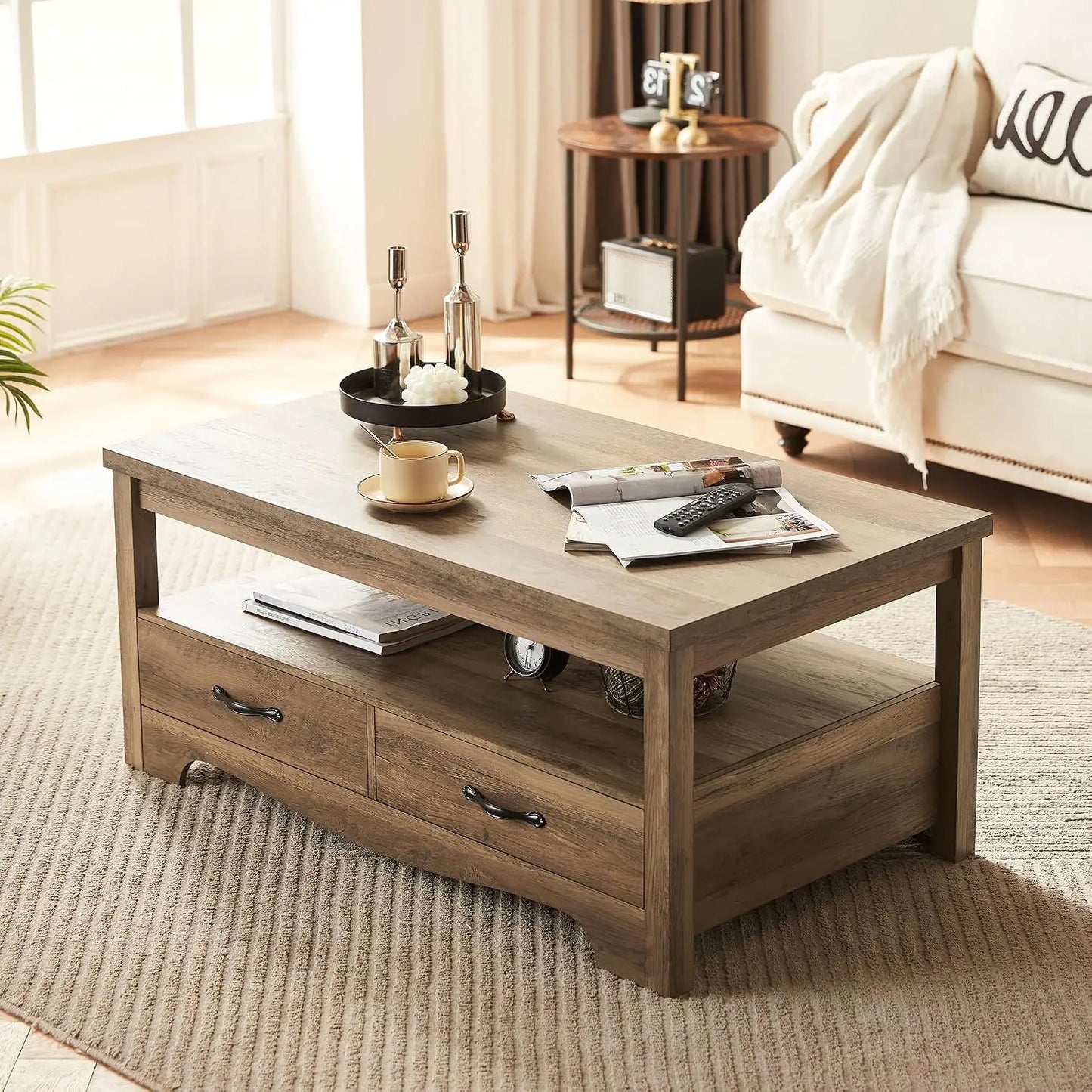 Farmhouse Coffee Table With Storage, Wood Coffee Table For Living Room, Open Display Area And Storage Drawers With Metal