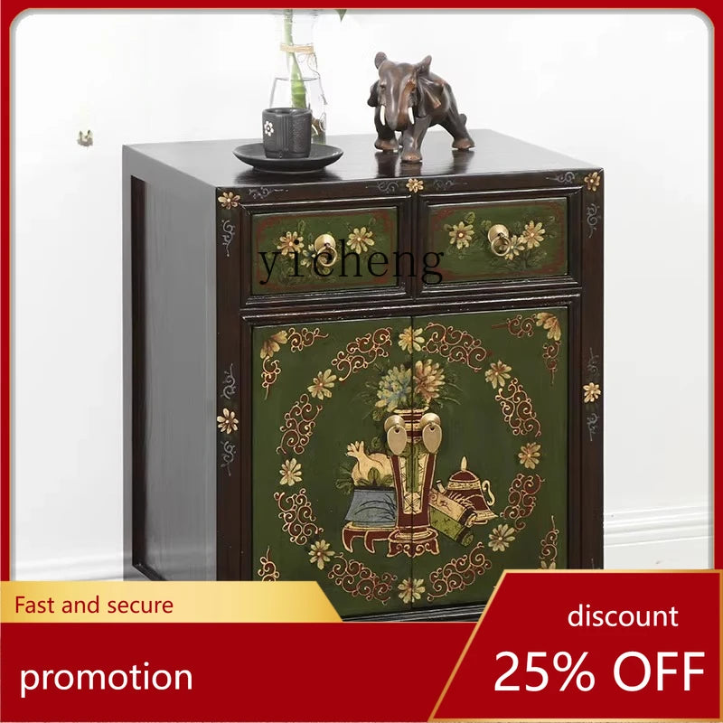 CZ Solid Wood Bedside Table Vintage Multifunctional Storage Organizer