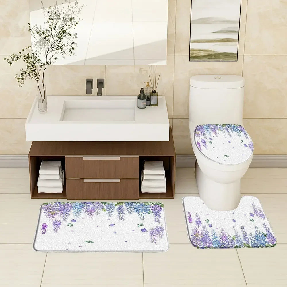 Botanical Rug Set With Watercolor Flower Bath Mats
