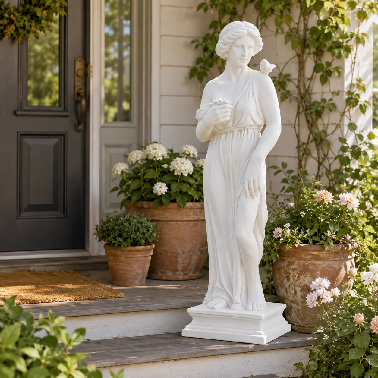 31.5 Inch Tall Greek Goddess Garden Statue, All Weather MgO Outdoor Sculpture with Handcrafted Aged Stone Finish, Floral Bouquet Bird Detail Greek Column Base, Paintable Fade Crack Resistant Mythological Yard Art for Lawn Pat