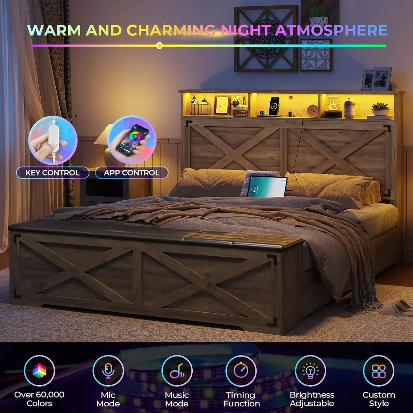 Farmhouse Queen Bed Frame with Storage Headboard and Charging Station Wood Platform Bed Frame Queen Size with, Customized