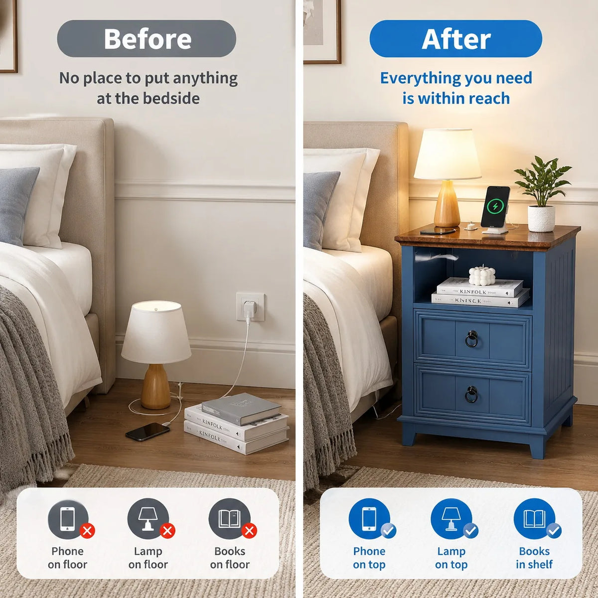 Modern Wood Nightstand With USB Charging Station And Two Drawers