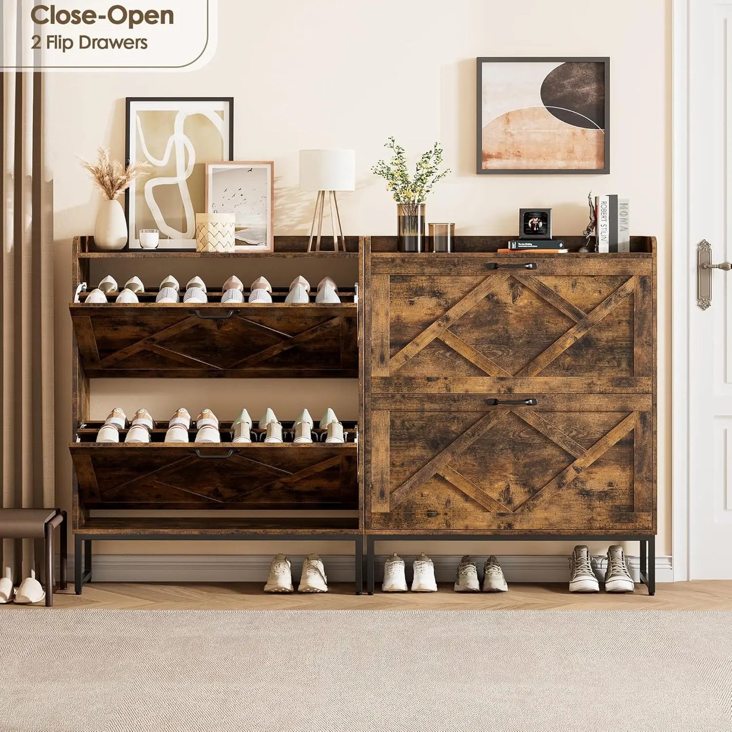 Shoe Cabinet Organizer with 2 Flip Drawers, Narrow Rack with Metal Legs, Slim Storage for Entryway, Foyer, Hallway, Rustic Brown