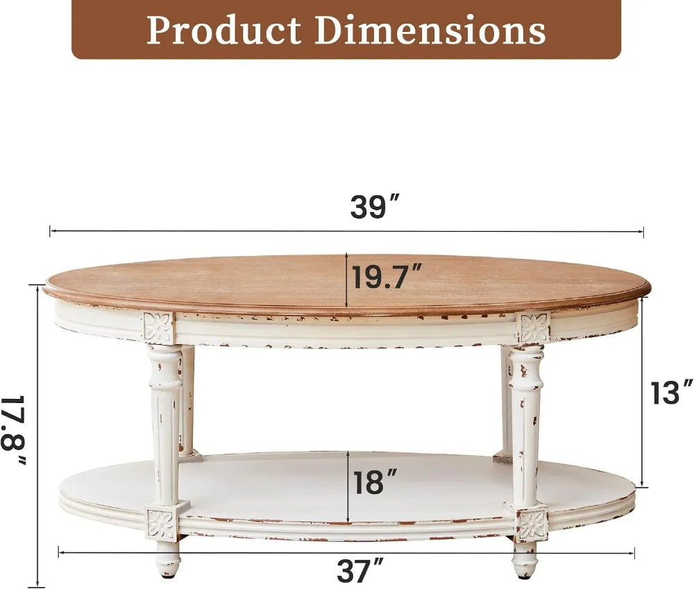 Vintage Oval Coffee Table, 39" Two-Tone White, 2 Tier Storage, Living Room Office, Easy Assembly