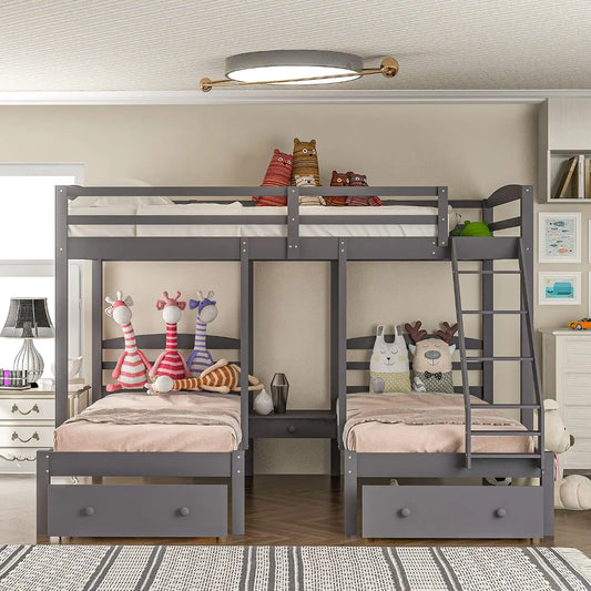 Full Over 2 Twin Triple Bunk Bed with 3 Drawers & Guardrails for Kids Teens Adults No Box Spring Needed, Customized