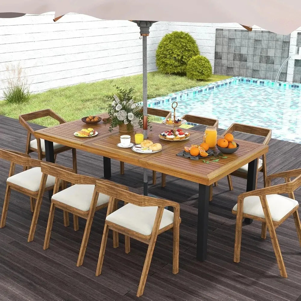 Acacia Wood Patio Dining Table With Umbrella Hole Metal Legs