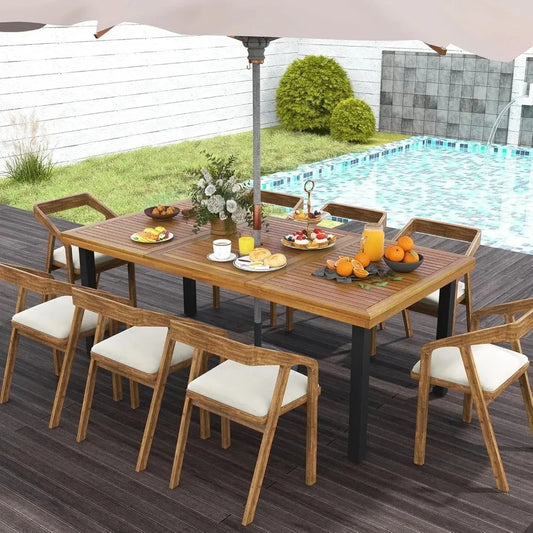 Acacia Wood Patio Dining Table With Umbrella Hole Metal Legs