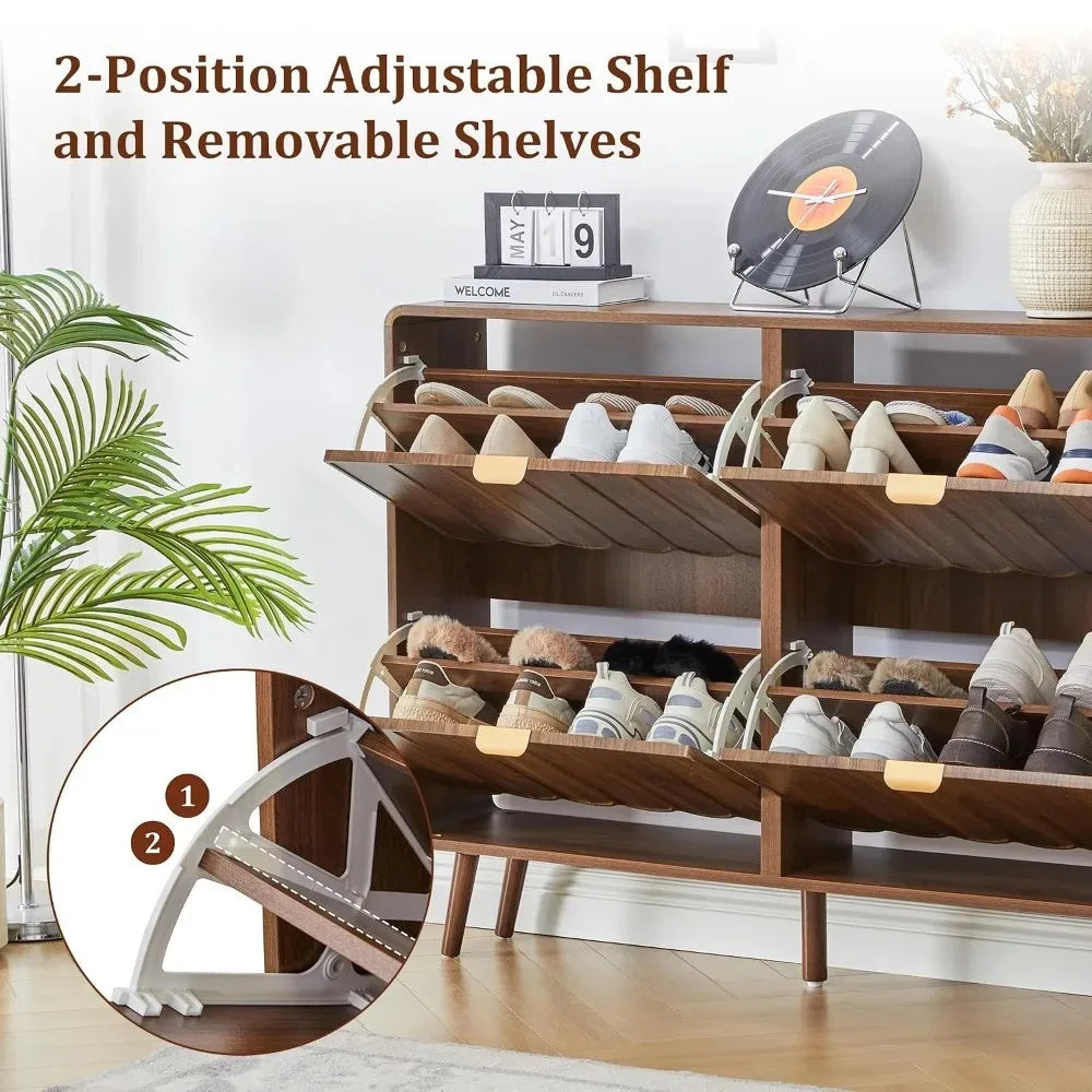 Narrow Freestanding Wood Shoe Storage Cabinet,Wave Panel & 4 Flip Drawers For Entryway, Custom